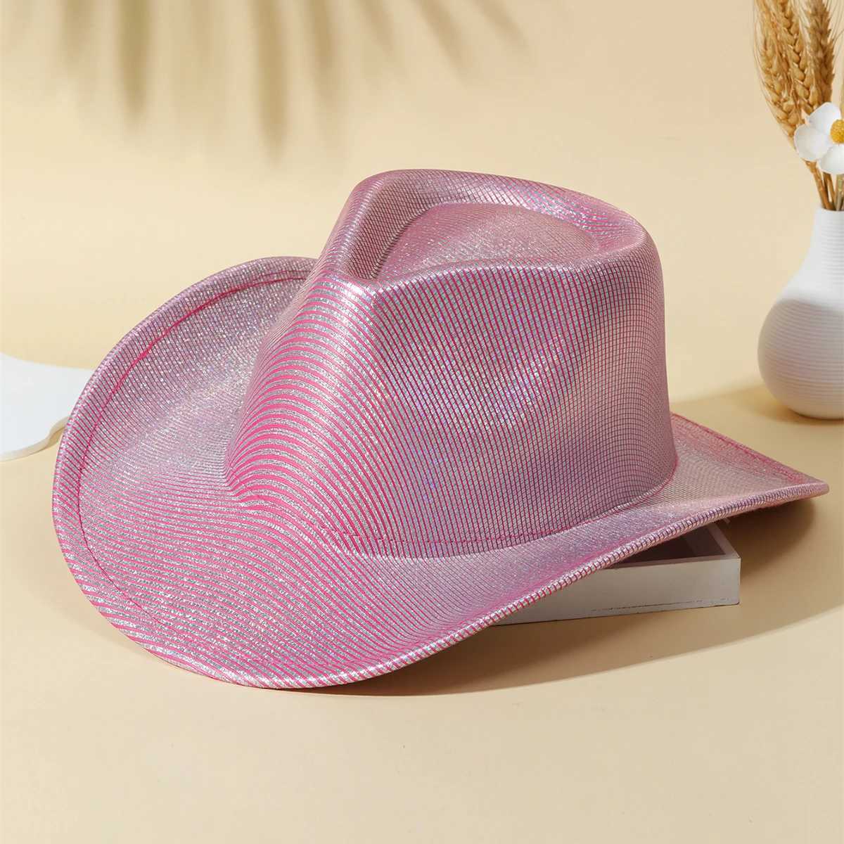 New Womens Purple Cowboy Hat Western Fedora Hat Womens Fashion Striped Cowboy Girl Hat Pink Party Jazz Hat Church Wedding Fedoras W241225