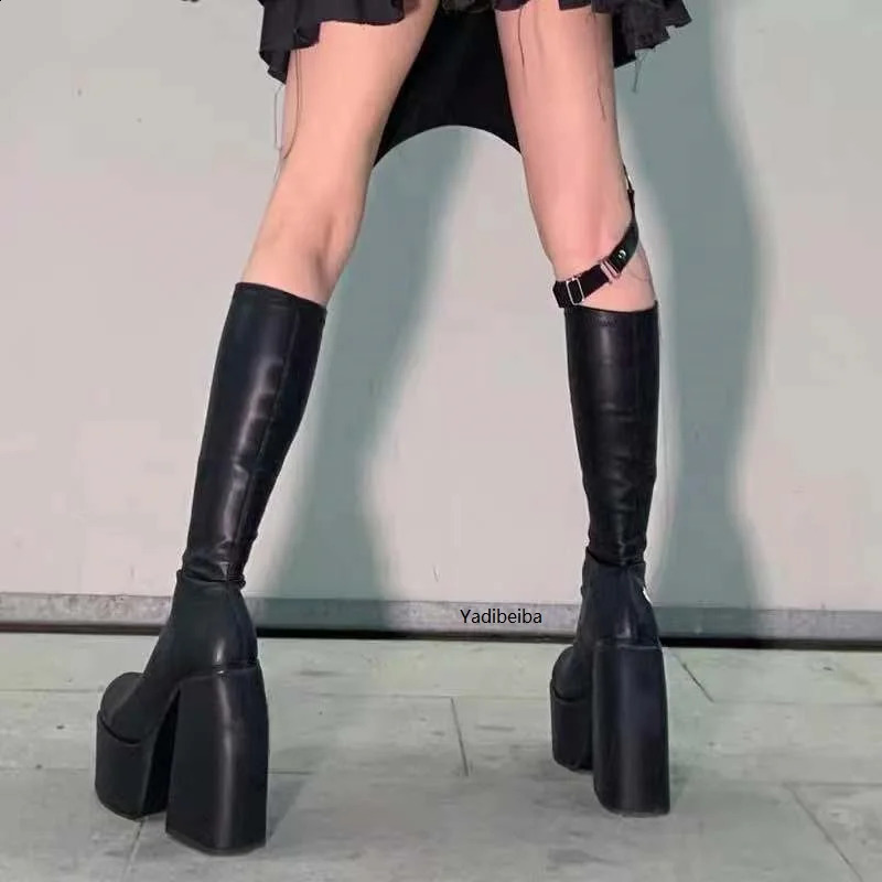 Punk Style Autumn Winter Boots Elastic Microfiber Shoes Woman Ankle Boots High Heels Black Thick Platform Long Knee High Boots 241226