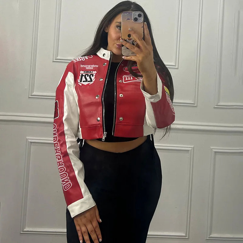 Printed Baseball Jackets Women Crop Varsity Coats Y2K Streetwear Cyber Racer Patchwork Winter Fall Clothing 241218