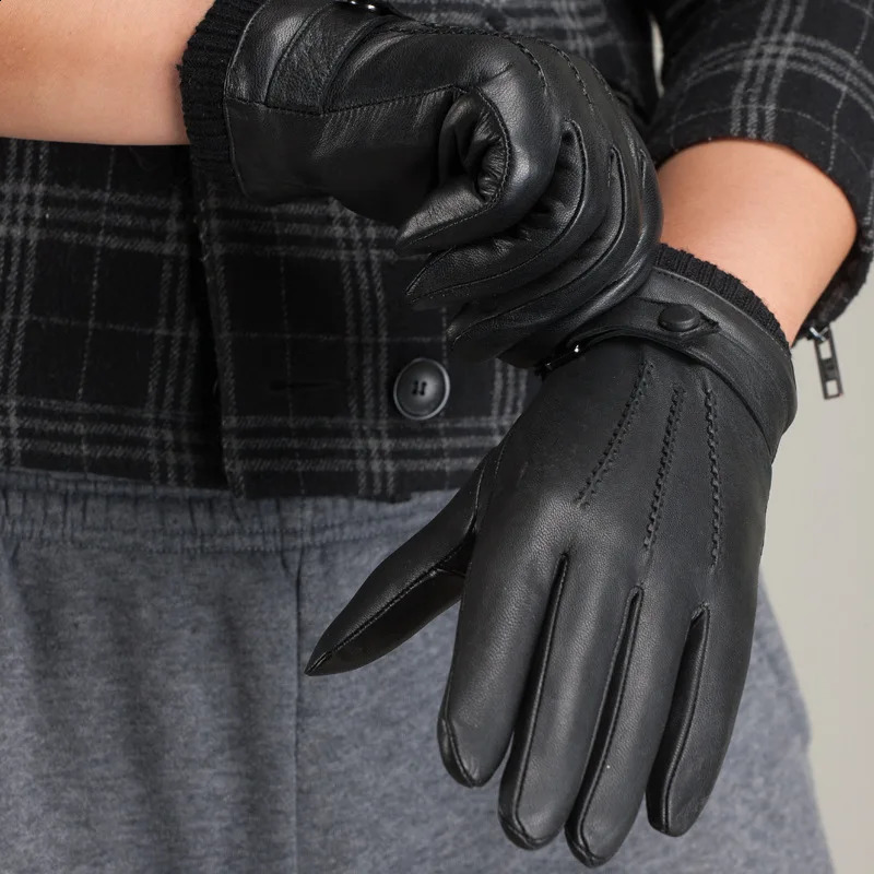Knitted Rib Men Sheepskin Gloves Winter Motorcycle Top Quality 100% Genuine Leather Gloves Warm Full Finger Gloves Men Brown 241226