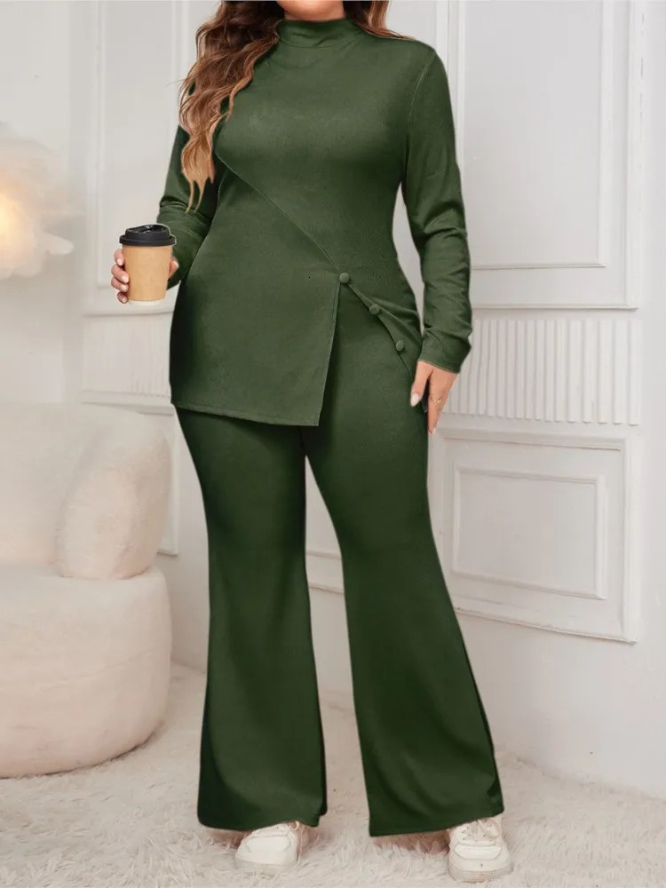 Plus Size Autumn Winter 2 Two Piece Set Women Split Fashion Slim Ladies Blouses High Waist Loose Pleated Woman Flared Pants 241220