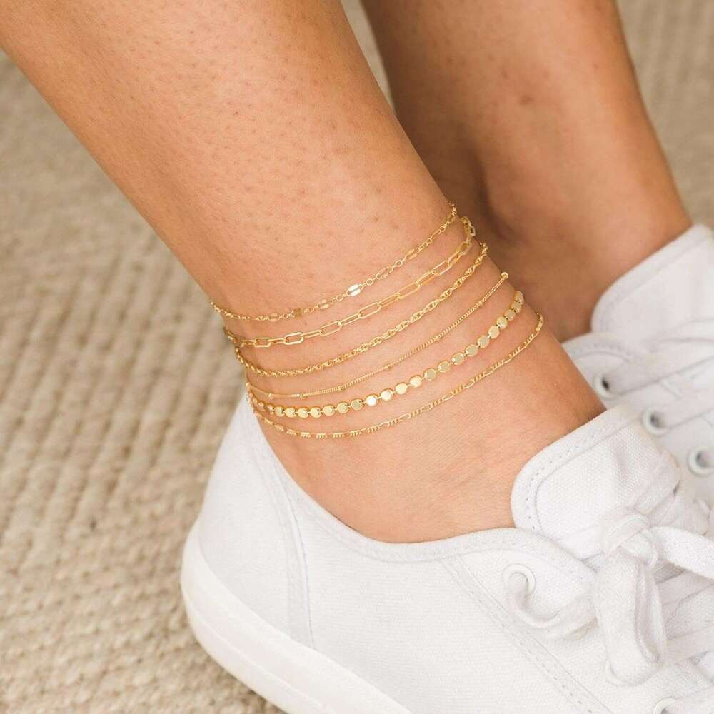 TEWIKY Waterproonkle Bracelets Women, 14K Real Filled Anklets 6PCS Thiny Herringbone Box Paperclip Bead Figaro Cuban k Anklet Set Dainty Gold for Wome