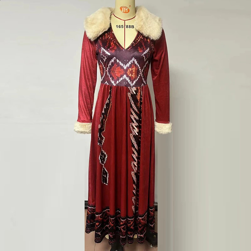 Women Chic Bohemian Fur Collar V-Neck Maxi Dresses Autumn Retro High Waist A-line Dress Loose Pattern Print Party Dress 241224