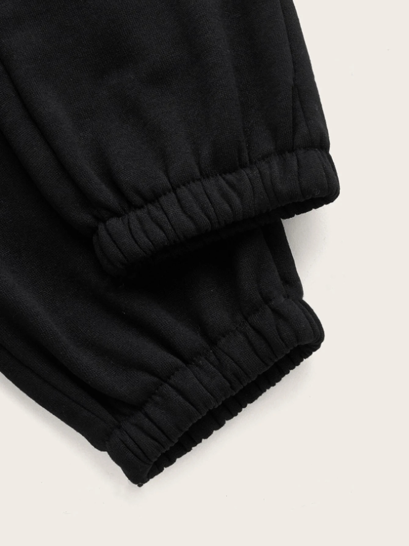 Women Black Elastic Waist Sweat Pants Casual Every Day Solid Sweatpants 241225