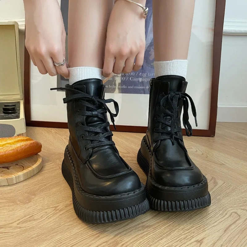 Shoes Female Ankle Womens Boots Winter Modern Boots Women Sewing Side Zip Round Toe Lace-up Platform Flat with Shoes Women 241226