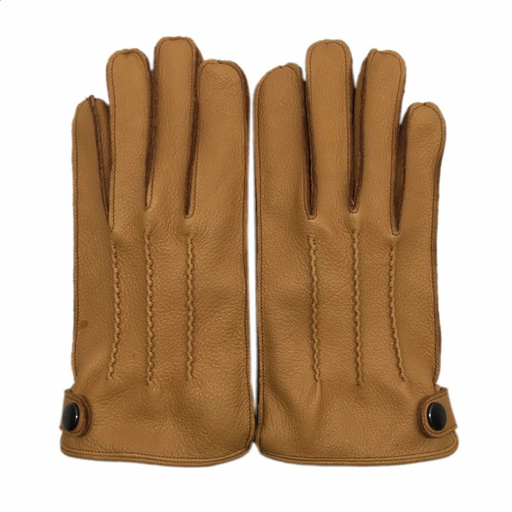 Winter Men Genuine Leather Deerskin Thick Velvet Warm Gloves Male Sewing Black/Brown Thicken Luva Deri Eldiven 241226