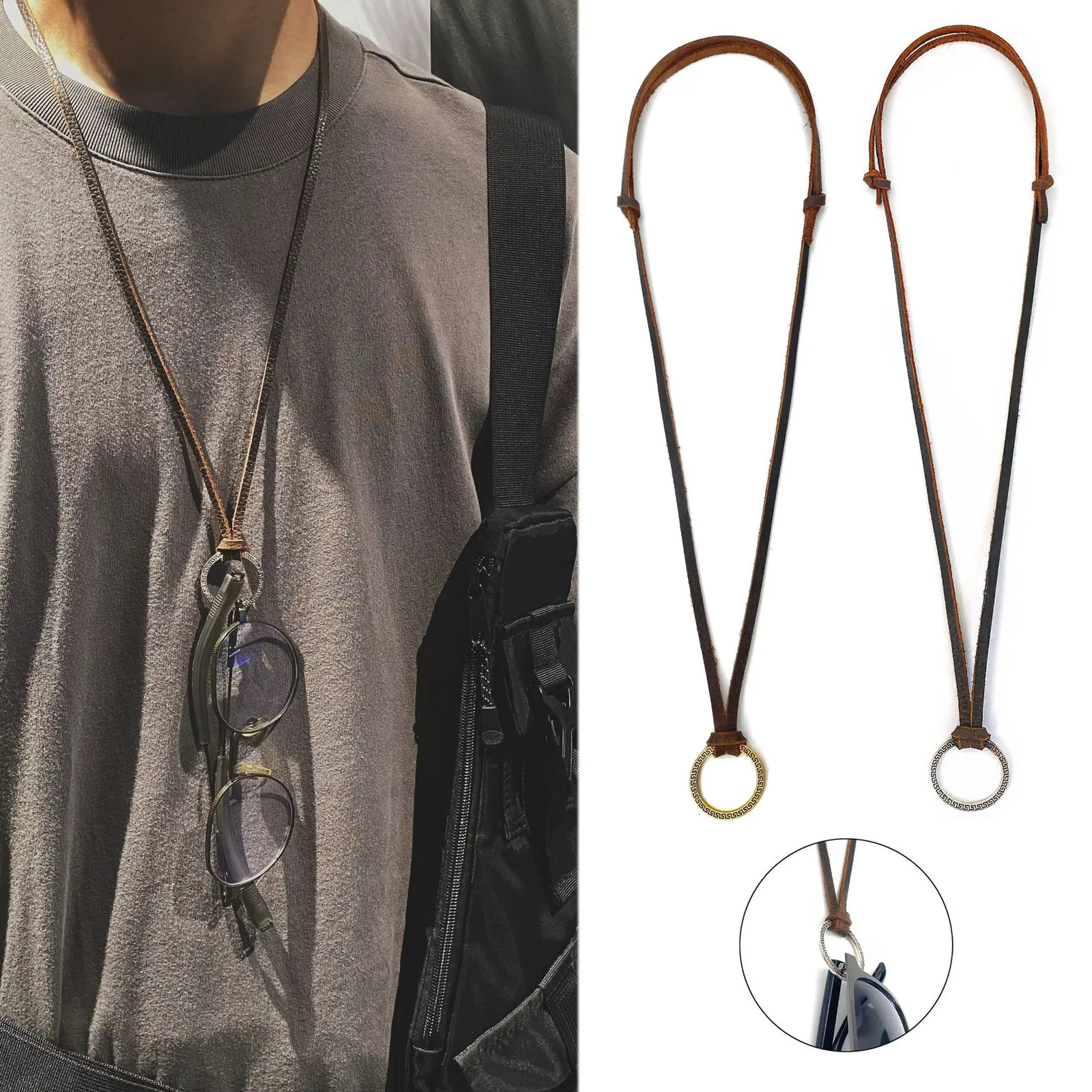 INS Trendy Retro Adjustable Genuine Leather Cowhide Necklace Sunglasses Hanging Rope Glasses Rope for Sunglasses Men Women 241226