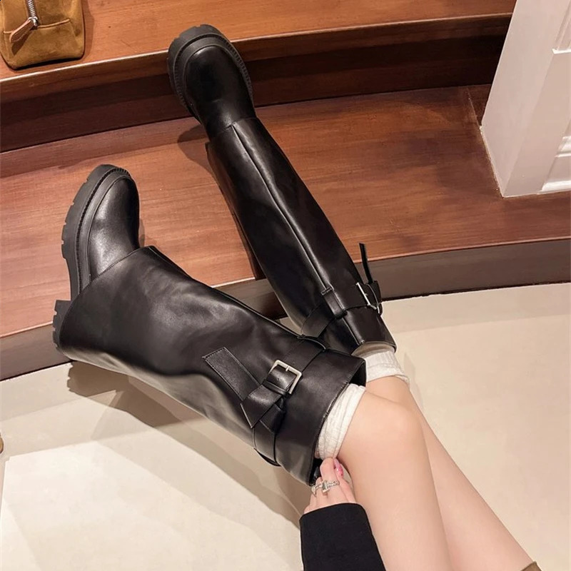 Belt Buckle Round Toe Knee High Women Boots Thick Sole Chunky Heels Black Slip On Fashion Concise Elegant Western Female Shoes 241226