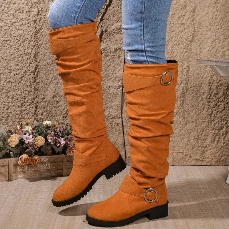 Ladies Shoes Slip-on Womens Boots Fashion Belt Buckle Modern Boots Women Plus Size Solid Knee-High Boots 241226