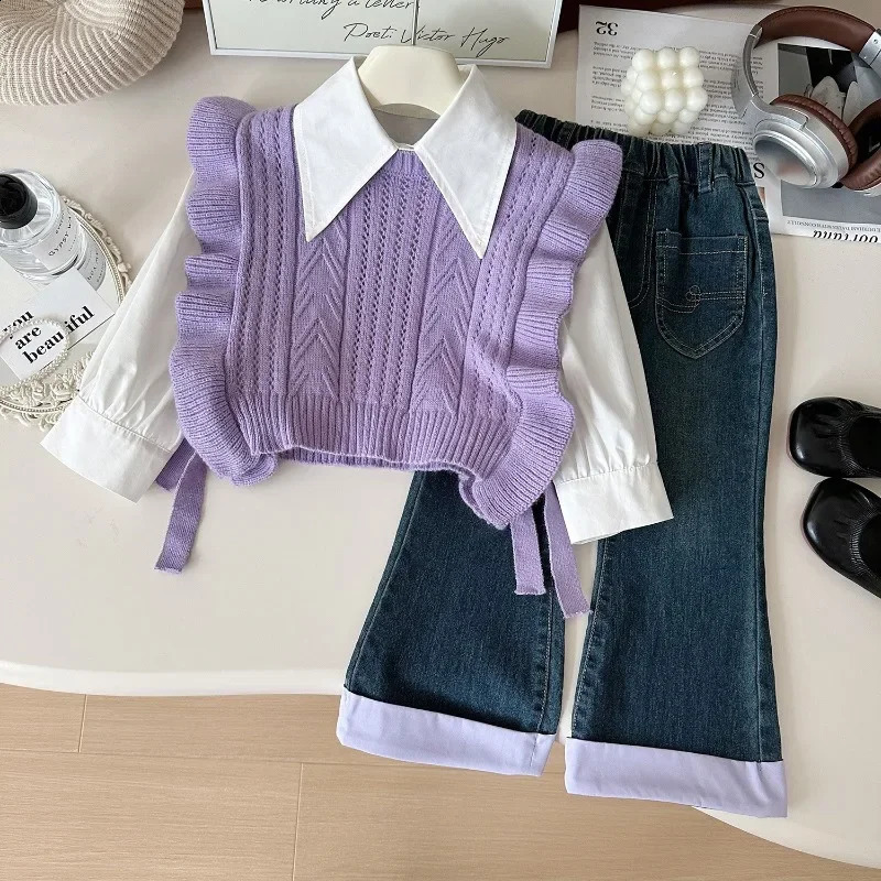 3Pcs Girls Suits Autumn Winter Long Sleeve ShirtKnitted Sweaters VestJeans Children Casual Costumes Toddler Girl Outfits Set 241225