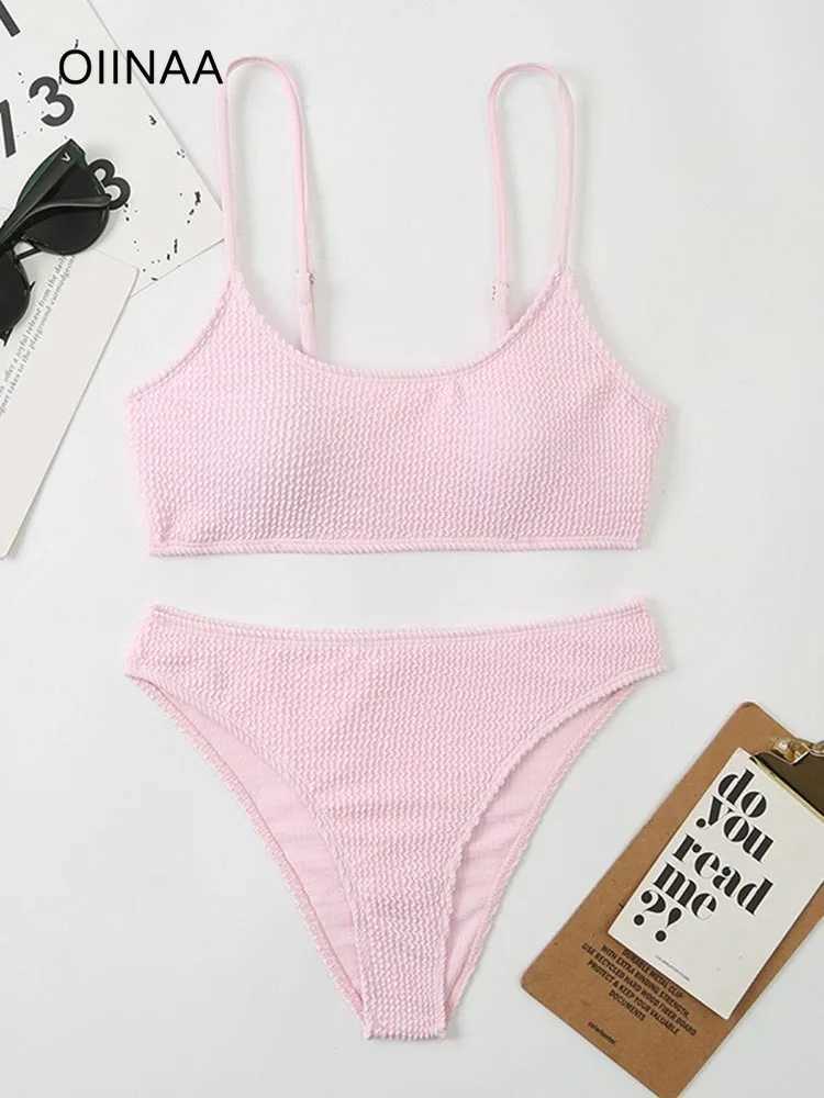 OIINAA swimsuit womens sexy pink swimsuit wave striped bikini set split two-piece Biquinis summer fashionable womens beach wearW241225