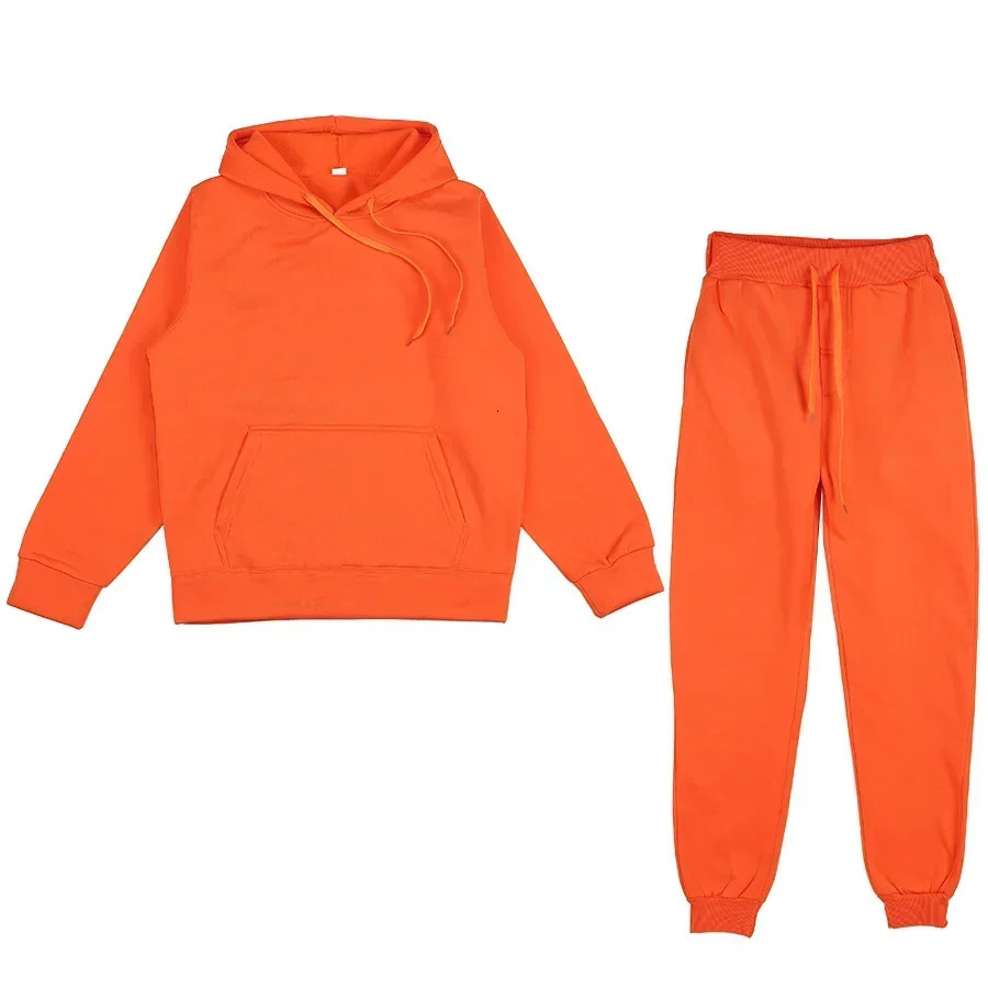Women Tracksuit Solid Color Hooded Sport Suits Men Spring Warm Hoodies Casual Long Sleeve Sweatshirts Trousers Two Piece Sets 241225
