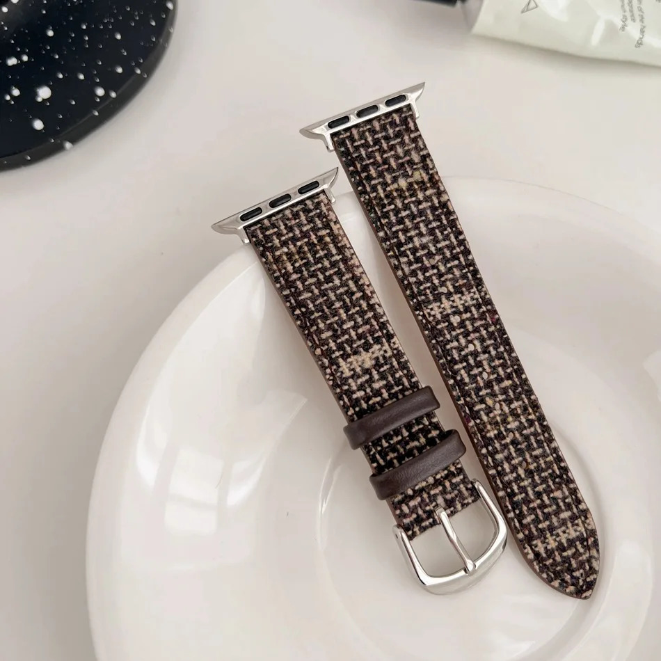Retro Woolen Leather Strap For Watch Series 9 8 7 6 SE 5 38/40/41/42/44/45mm 49mm Lattice Watch Band 241220