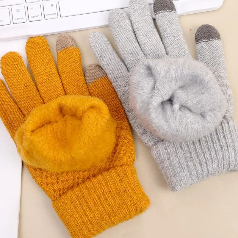 Knitted Woolen Five Finger Gloves Autumn Winter Plush Pineapple Patterned Cold-proof Slide The Screen Riding Warm Wool Mittens 241226