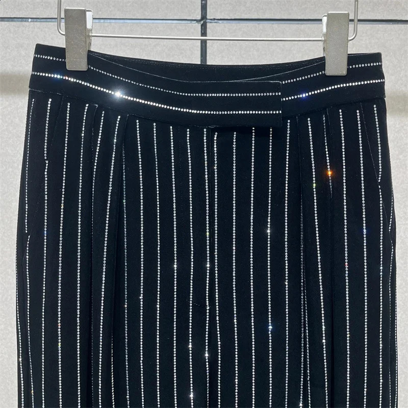 Womens pants Spring shiny rhinestone decorated womens straight leg pants gold velvet slim fit striped suit pants y2k 241224