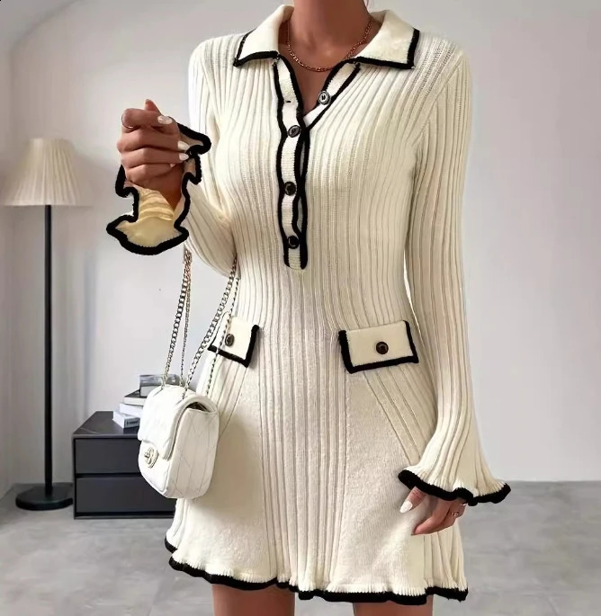 Womens Fashion Elegant Dress Autumn/Winter Small Fragrant Slim Knitted Mini Dress Flame Sleeve Short Skirt 241224