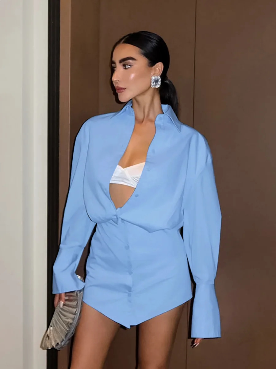 Fashion Blue Shirt Dress Women Elegant Solid Long Sleeve Office Lady Mini Dresses Spring Sexy Pencil Dresses Female 241224