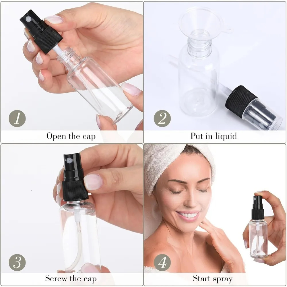 50PCS 10/20/30/50/60/100ml Clear Plastic Empty Spray Bottle with 2 Funnels Travel Bottles for Perfume Skin Toner Essential Oils 241225