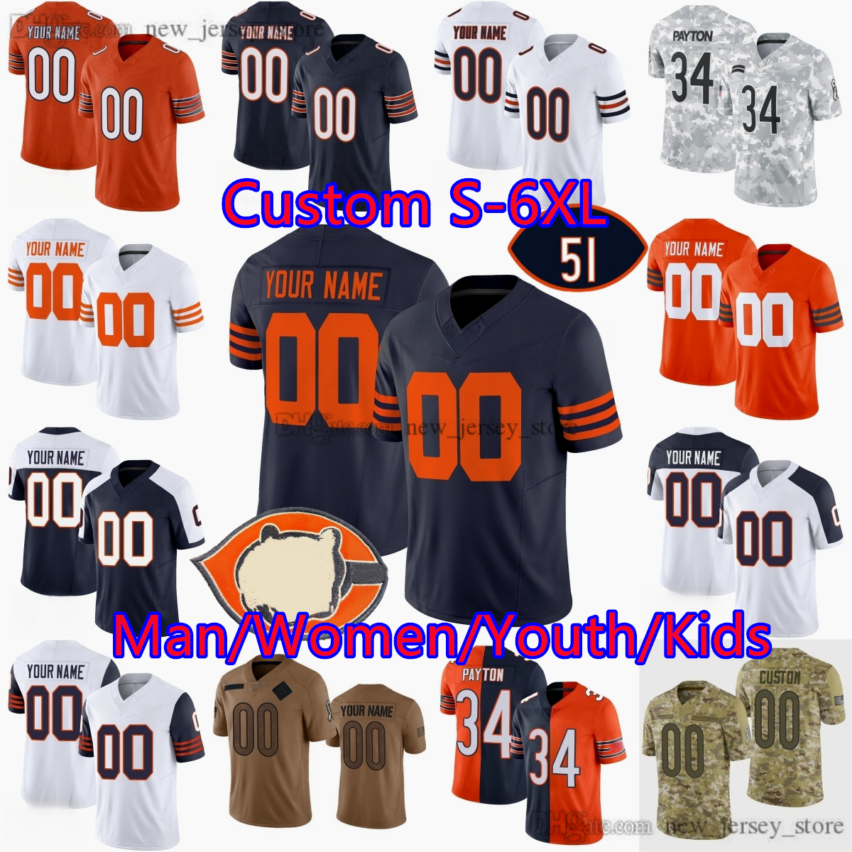 Custom S-6XL DIY Football 18 Caleb Williams Jersey 15 Rome Odunze D.J. Moore Cole Kmet Walter Payton Brian Urlacher Dick Butkus Jaylon Johnson D'Andre Swift Keenan Allen