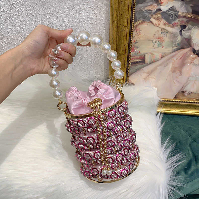 Shiny Rhinestone Metal Chain Evening Bags Vegetable Basket Bucket Bag Irregular Hollow Pearl Hand Held Crossbody Purses 241226