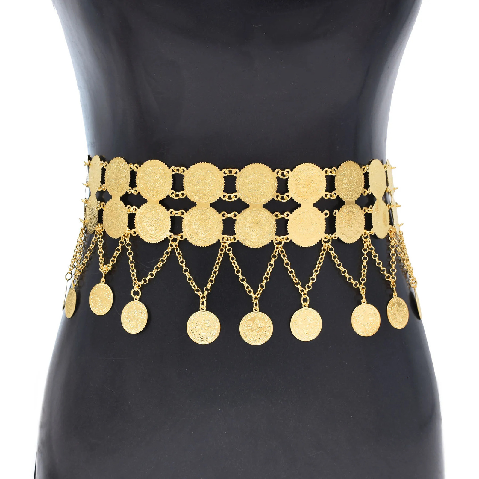 Arab India body jewelry gold double row coins cross chain pendant belly chain national clothing belt 241225