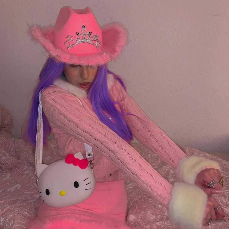 Pink Western Cowboy Hat Womens Cowboy Hat Headwear Feather Felt Western Glitter Cowboy Hat Clothing Party Play Dr C W241225