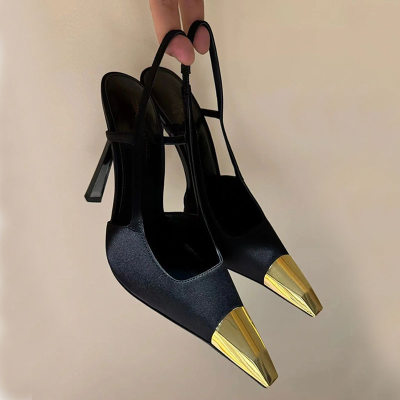 top luxury brand designer Heel Gold Square Toe High-end Women's Empty Back High-heeled Single Pump Heels Sandals Patent Leather And Silk Pumps 10cm Sandal Dress Shoes