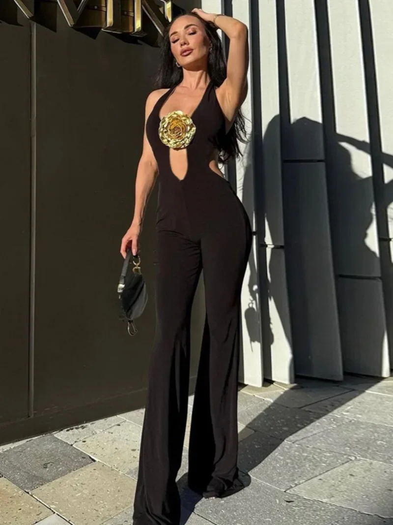 Women Halter Neck Gold Flower Black Jumpsuits Sexy Sleeveless Bandage Backless Hollow Out Flare Pants Evening Party Overalls 241225