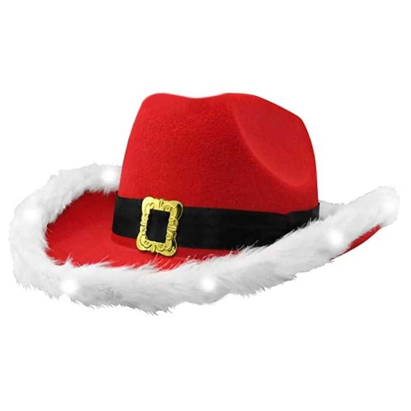 Christmas Cowboy Hat Womens Felt Cowboy Hat Party Glitter Christmas Hat Mens Role Playing LED Light Hat W241225