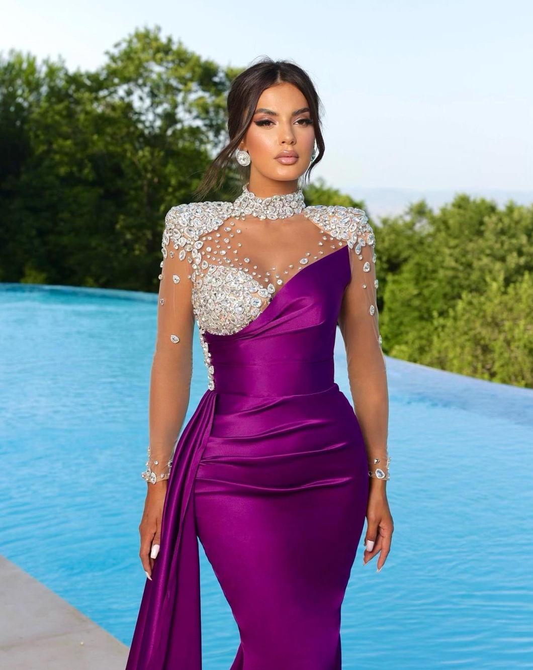Pink Orange Elegant Mermaid Evening Sheer Beads Appliques High Neck Satin Pleats Ruffles Formal Prom Dresses With Long Sleeves BC