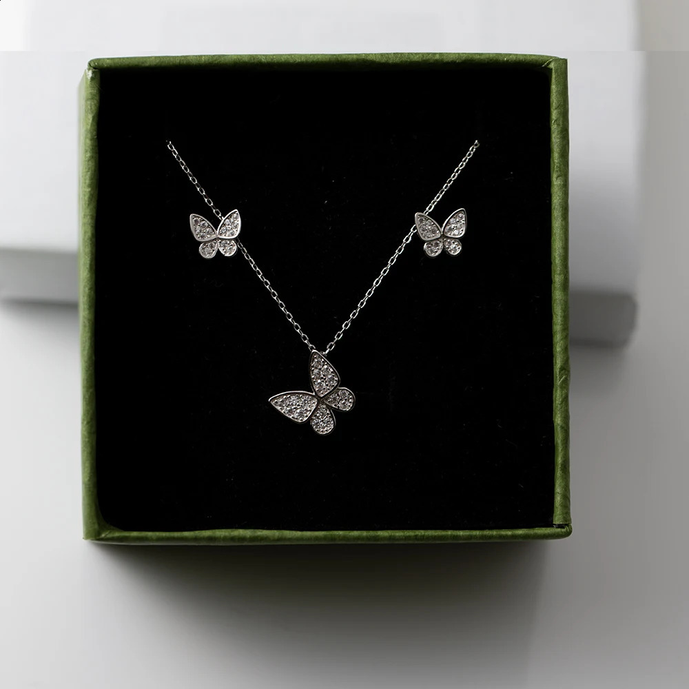 CCFJOYAS 925 Sterling Silver Super Fairy Pave Zircon Butterfly Earrings/Necklace Set for Women Simple Party Wedding Jewelry Set 241226