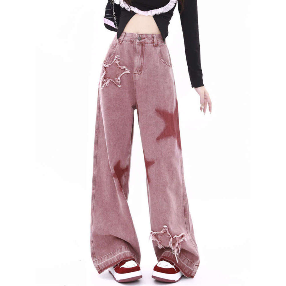 American Retro Five-point Star Raw Edge Splicing Loose Wide-leg Jeans Look Thin Trendy All-match Mopping Pants Women