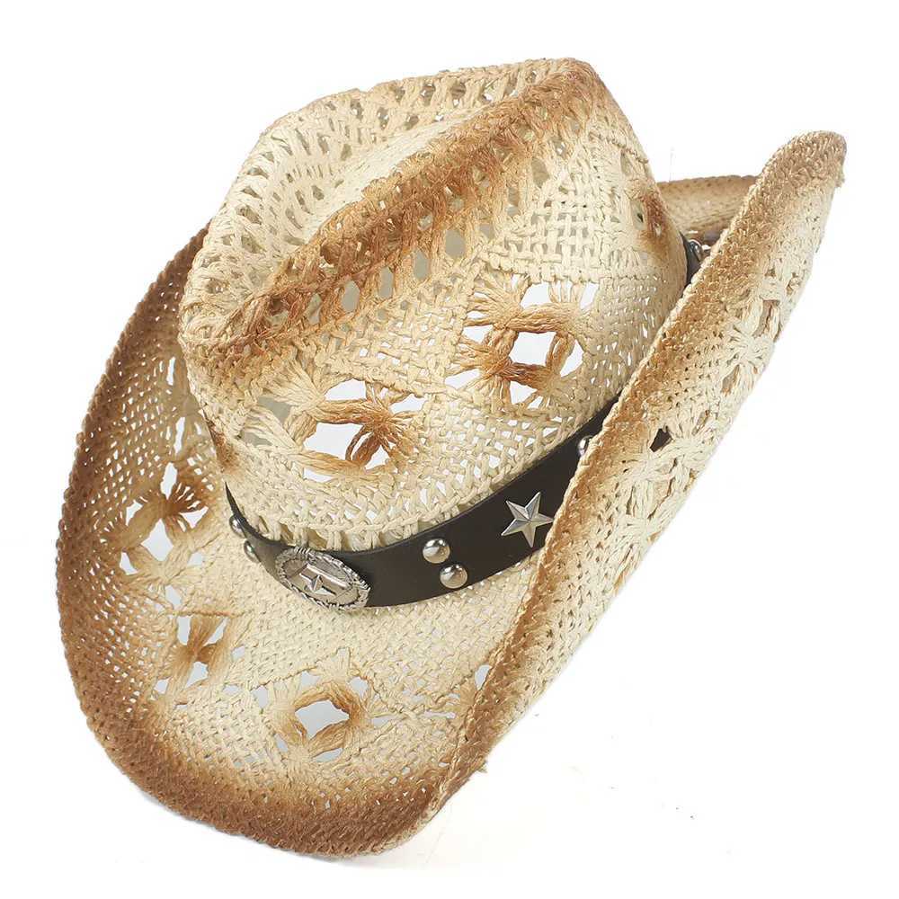 Summer Womens Str Hollow Western Cowboy Hat with Punk Brand Sombrero Hombre Beach Cowboy Girl Jazz Sun Hat Size 56-58CM W241225