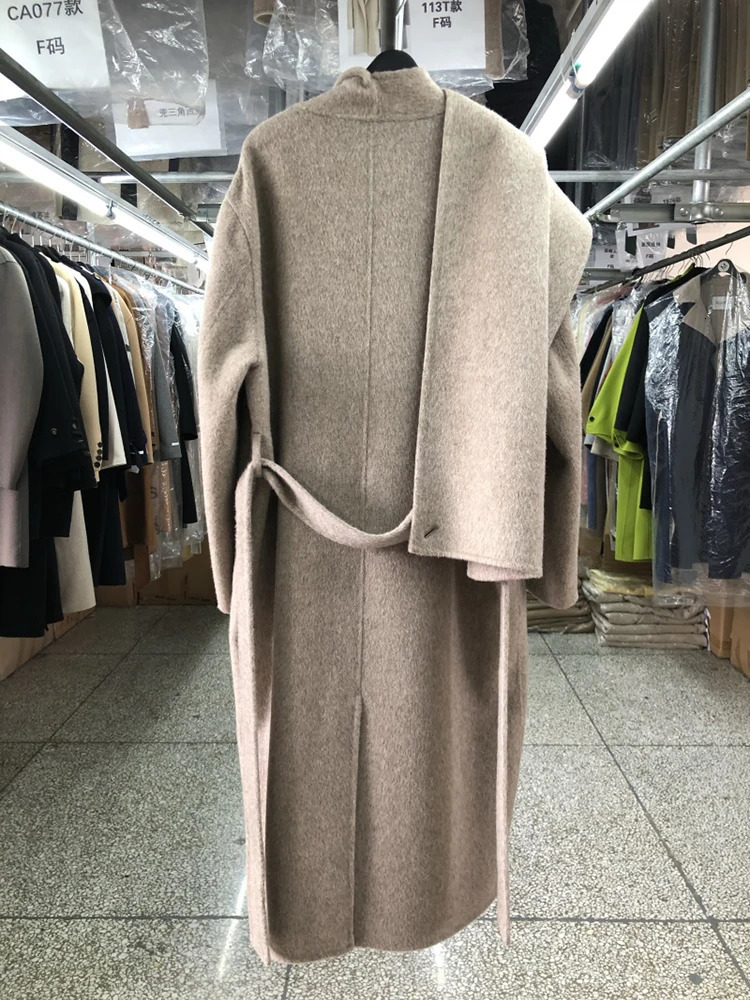 Elegant Big Scarf Collar Double Breasted Wool Coat Women Loose Korean Fashion Cashmere Winter Jacket 241225