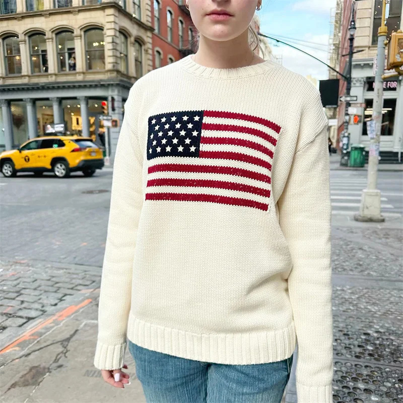 Lamuusaa Women Sweaters y2k Clothing Stripe Flag Print Round Neck Long Sleeve Loose Pullovers Knitted Jumpers Casual Streetwear 241225