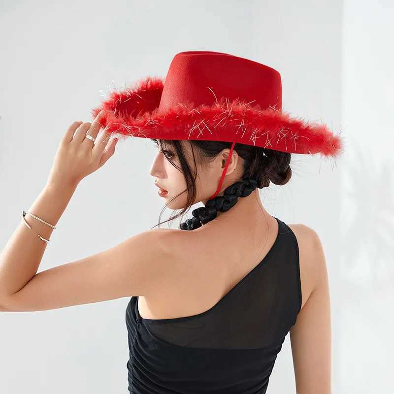 Womens denim hat solid color fuzzy decoration wide Brim C sun hat party fashion W241225