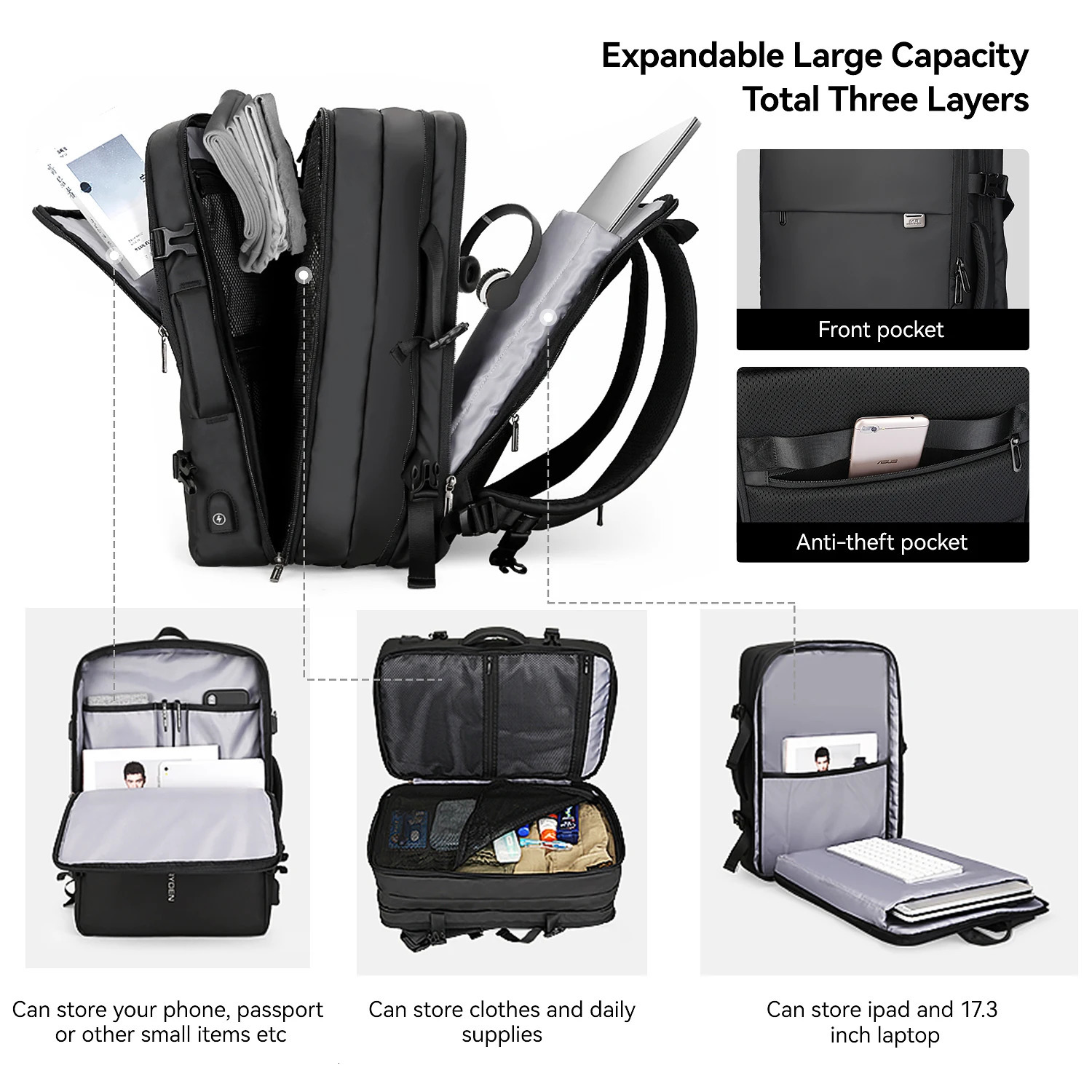 MARK RYDEN Large Backpack Men Rucksack 40L Expandable Business Travel Bag for Men Fits in 17 inch Laptop 241225