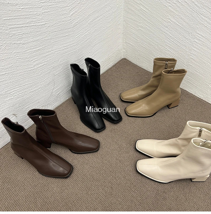 Autumn Heel Ankle Boot Fashion Square Toe Zipper Elegant Ladies White Casual Short Chelsea Boots Soft Leather PU 241226
