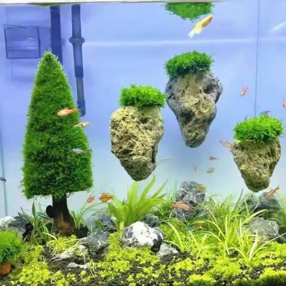 Suspended Stone with Moss for Fish Tank Aquarium Decorative Aquatic Plants Landscaping Natural Avatar Effect with Rope 241225