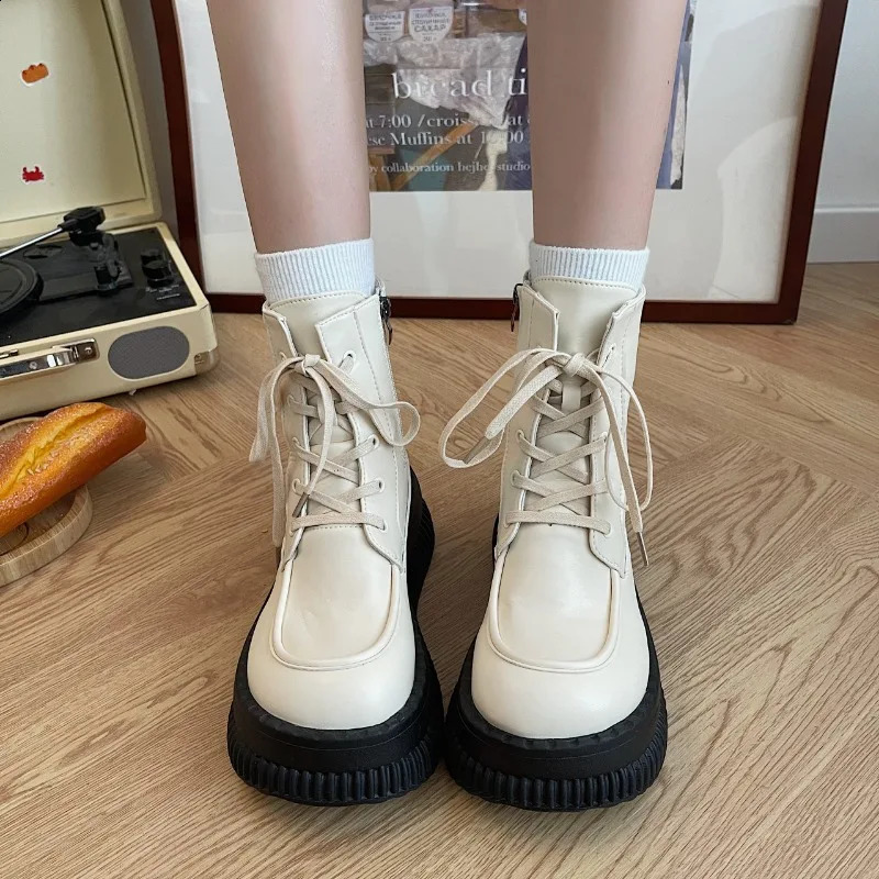 Shoes Female Ankle Womens Boots Winter Modern Boots Women Sewing Side Zip Round Toe Lace-up Platform Flat with Shoes Women 241226
