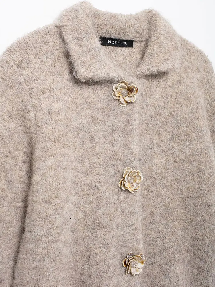 TRAF Autumn Flower Button Decorative Cardigan Top Woman Solid Color Single Breasted Short Knitted Coat Women Outerwears 241225