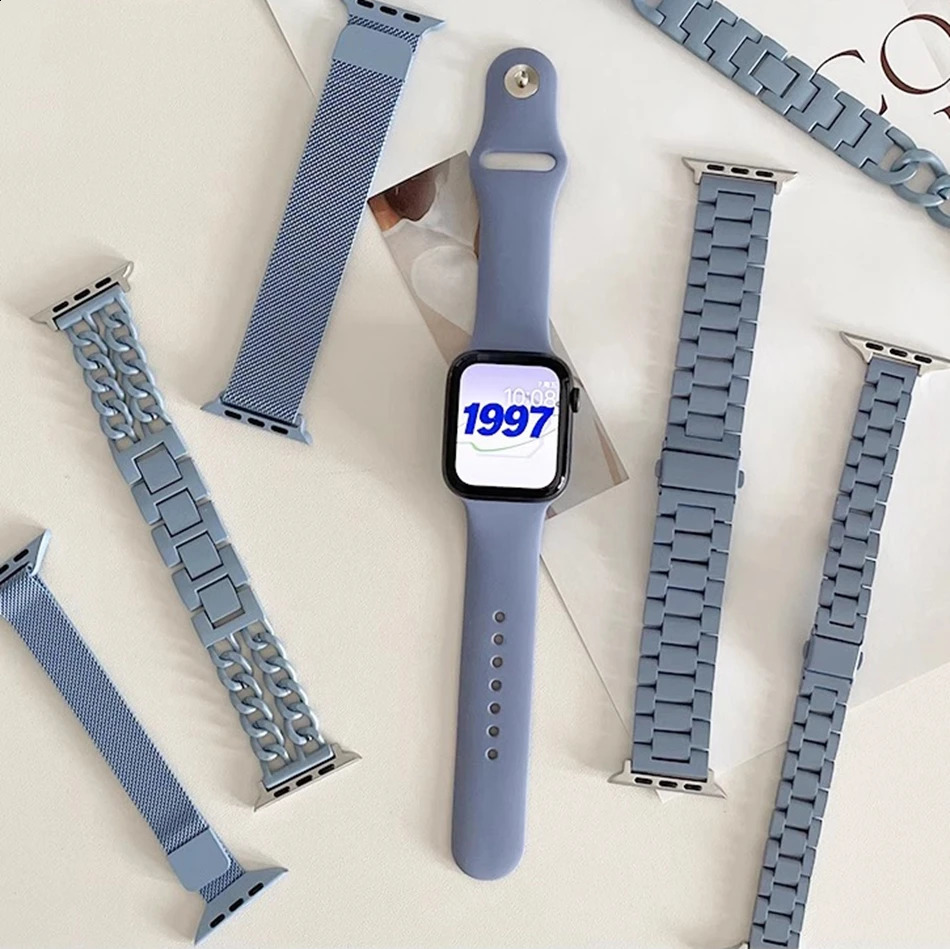 Haze Blue Magnetic Silicone Metal Strap For Watch Band S10 9 8 7 6 SE 5 4 38/40/41/42/44/45/46/49mm Bracelet 241220