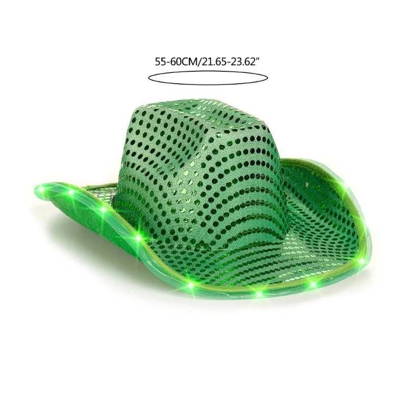 Womens glowing green sequin denim hat wide Brim bride LED lit Brim hat W241225