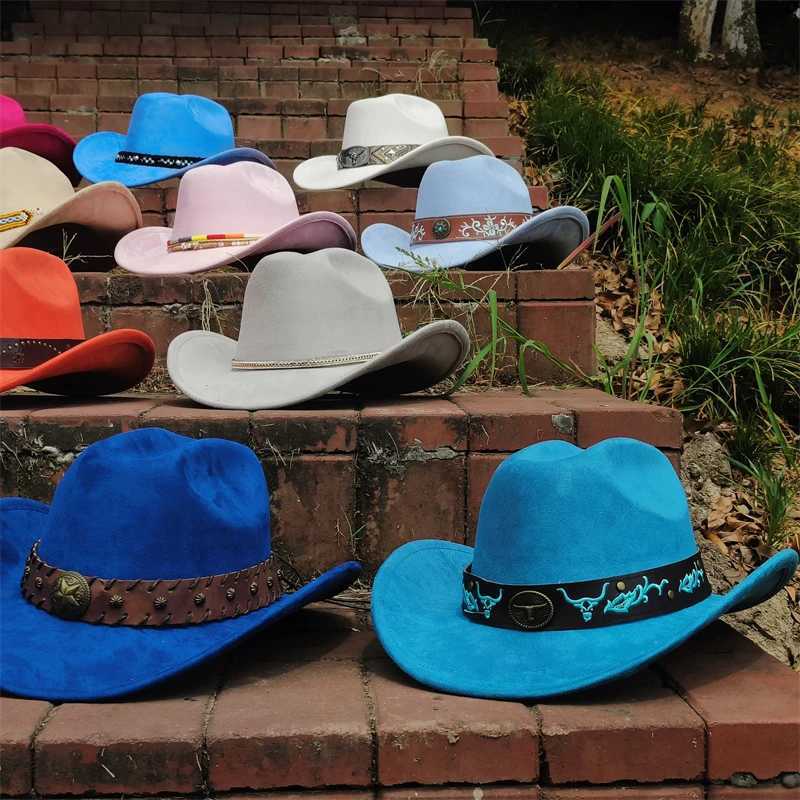 Suede Cowboy Hat Mens Belt Womens Winter New Double sided Convertible Western Cowboy Hat Retro Hat Wholesale Sombrero Vaquero Mujer W241225