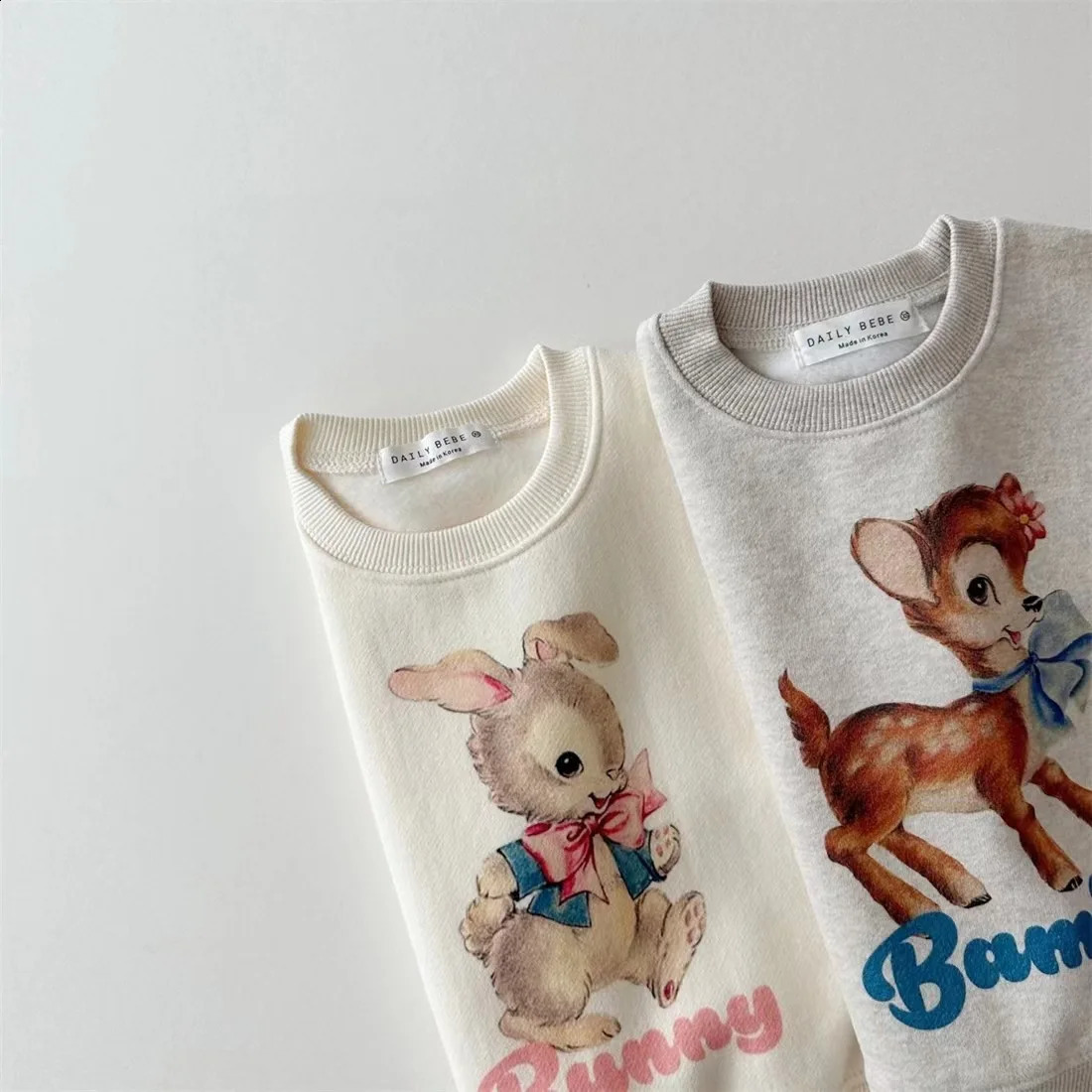 Korean version of autumn and winter boys girls cotton cute cartoon rabbit deer plush sweatshirt casual sports set 241225