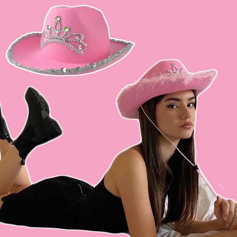 Western style denim hat pink womens Birtay party Cs decorated with feather sequins crown headpiece night club denim hat W241225
