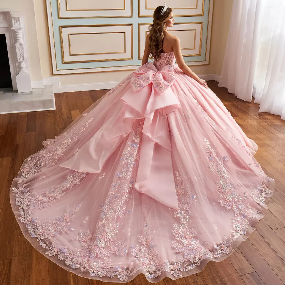 Fuchsia Princess Quinceanera Dresses Ball Gown Off The Shoulder Glitter Beads Corset Sweet 15 Vestidos Appliques De XV Anos Plus Size 01