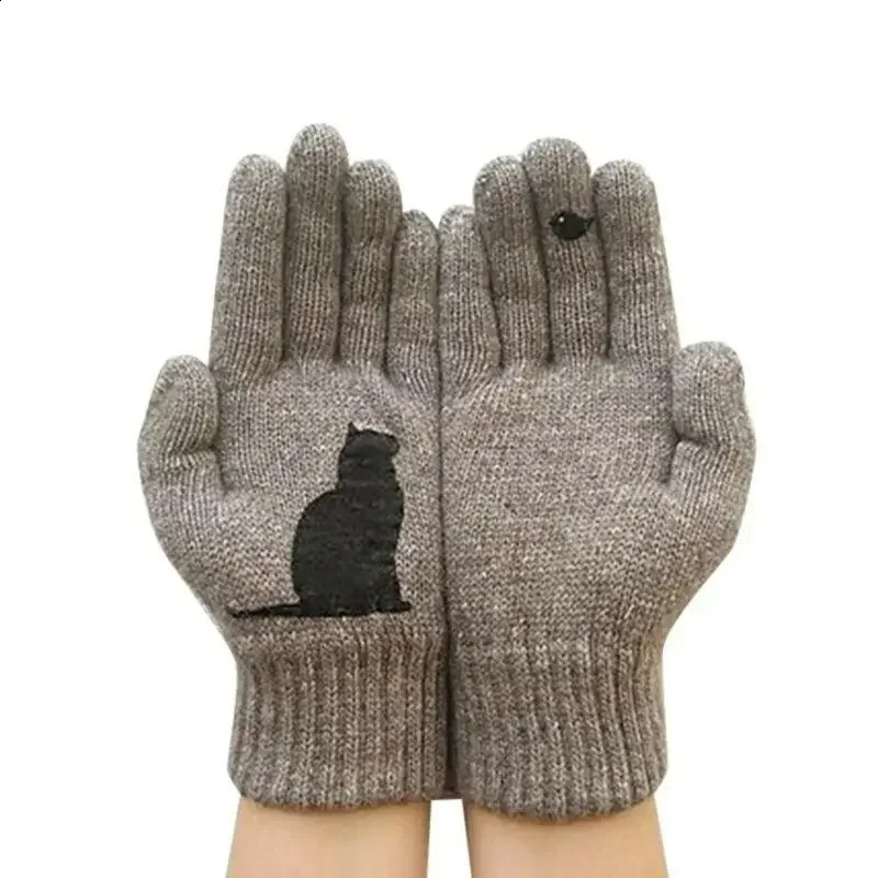 Winter Gloves for Men Women Teens Cute Cat and Bird Printed Thermal Knitted Gloves Windproof Winter Warm Mittens Glove Soft 241226