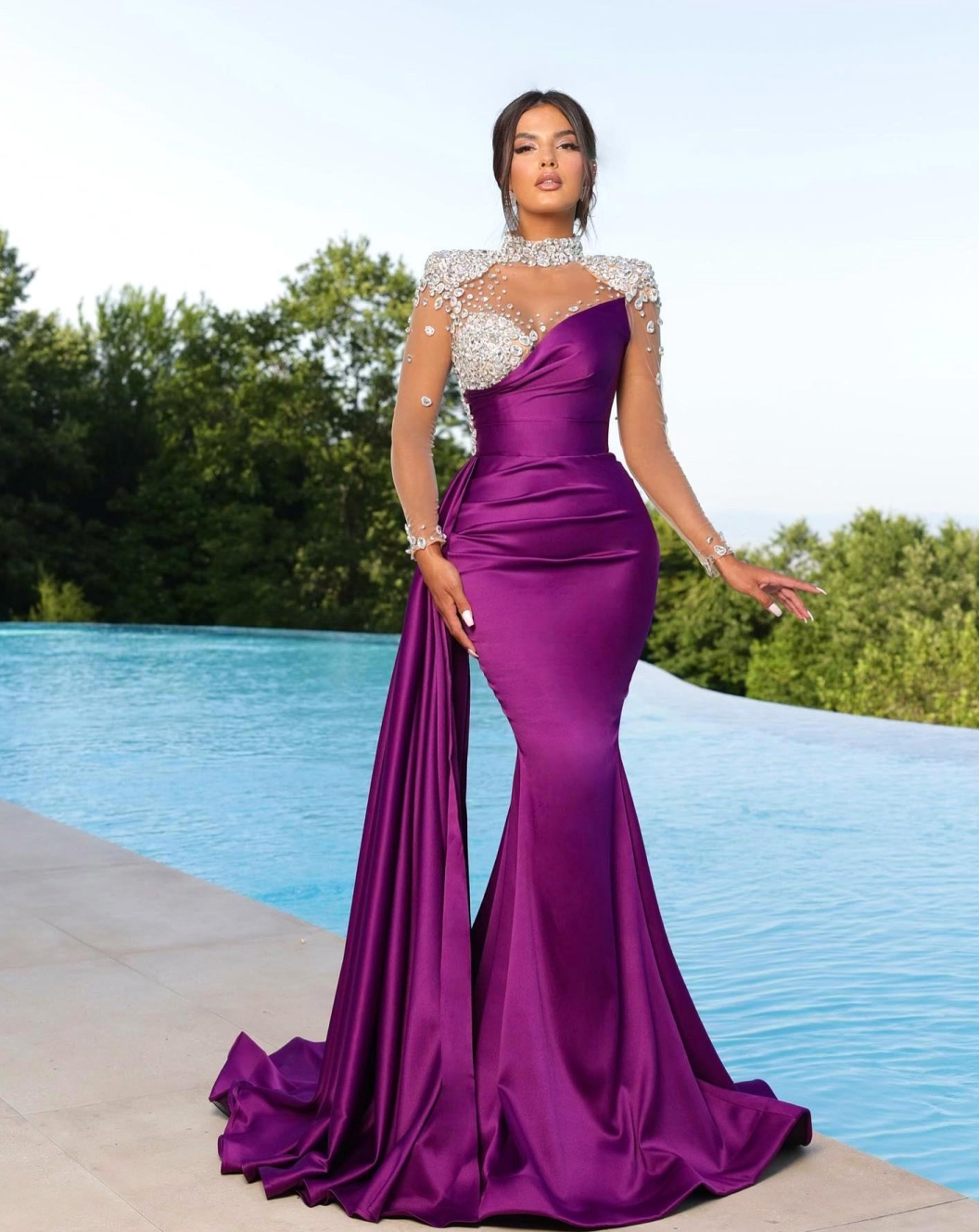 Pink Orange Elegant Mermaid Evening Sheer Beads Appliques High Neck Satin Pleats Ruffles Formal Prom Dresses With Long Sleeves BC
