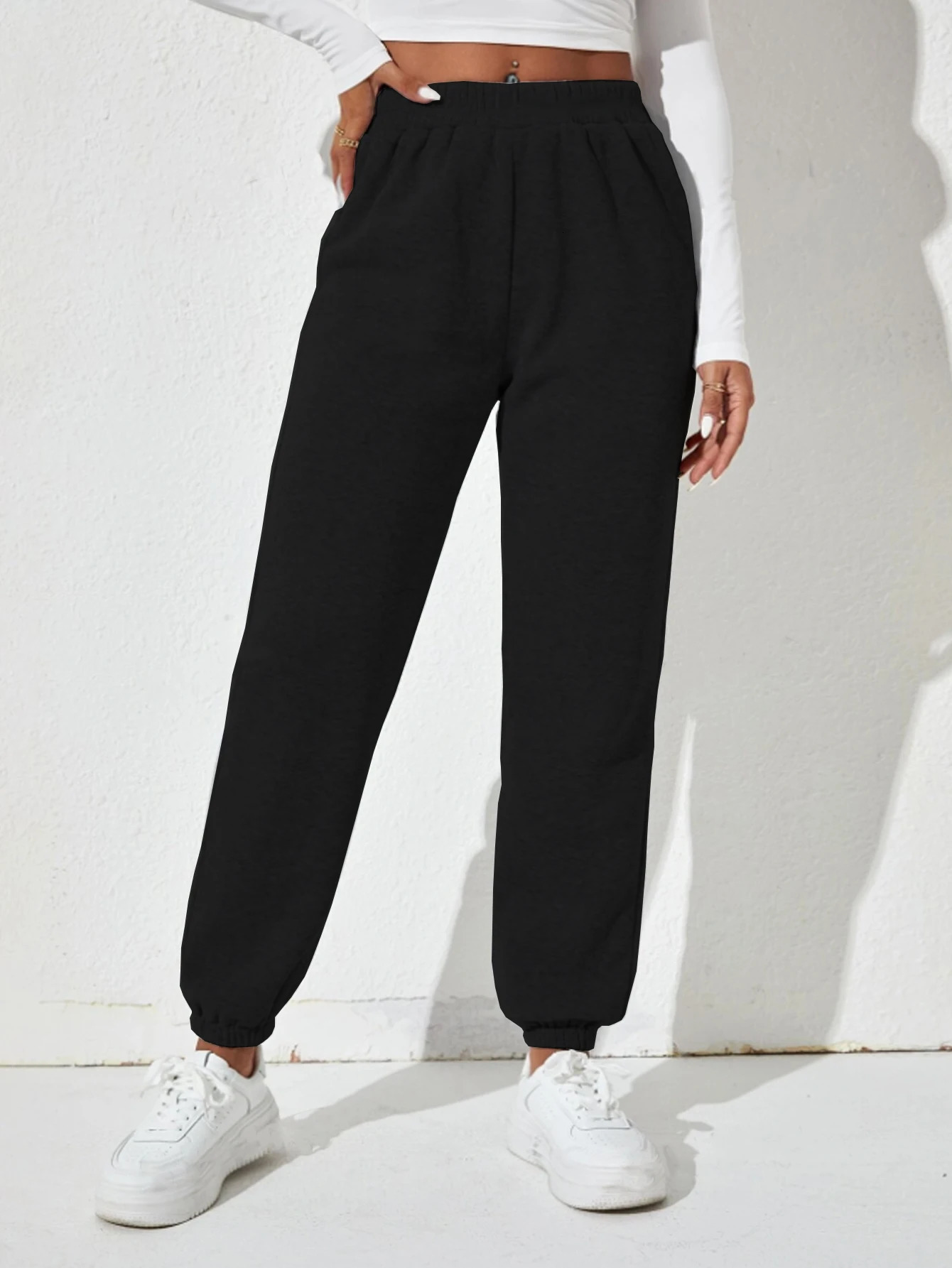 Women Black Elastic Waist Sweat Pants Casual Every Day Solid Sweatpants 241225